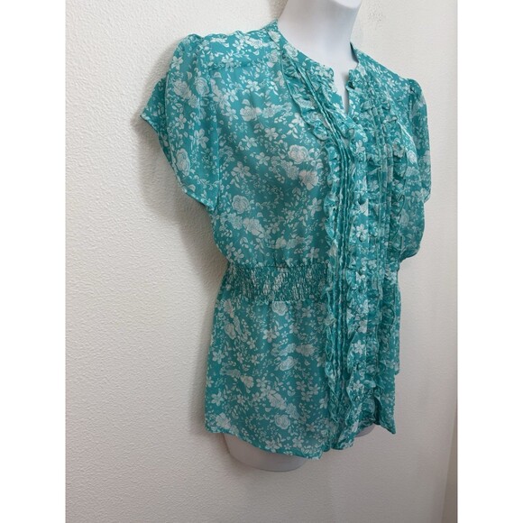Torrid Blouse Ruffle Trim Button Up Short Sleeve Size 1/1X Aqua Blue Floral EUC - Picture 6 of 7